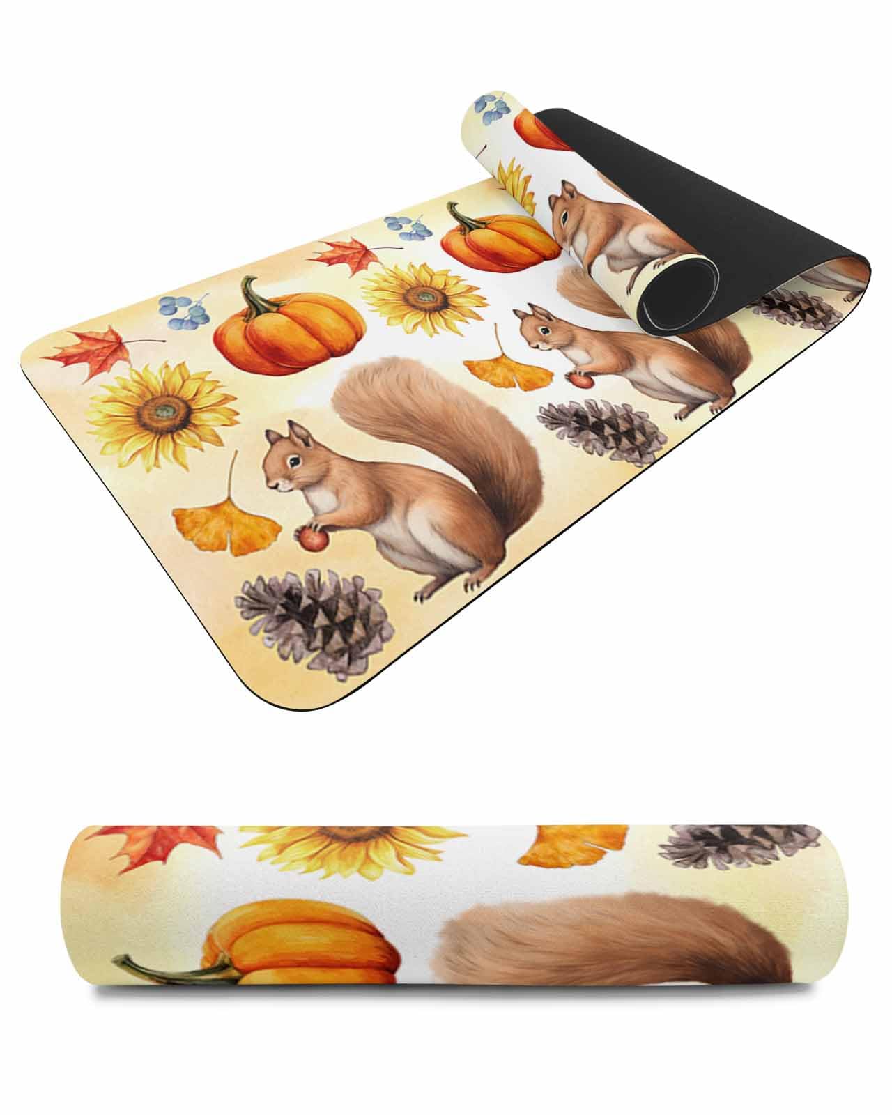 Debedcor Heat Proof Table Pads Waterproof Decorative, Fall Squirrel Non-Slip Table Countertop Protector, Pastoral Pumpkins Sunflower Burlap Yellow Insulation Mat for Dining Room, 48 x 12 Inches