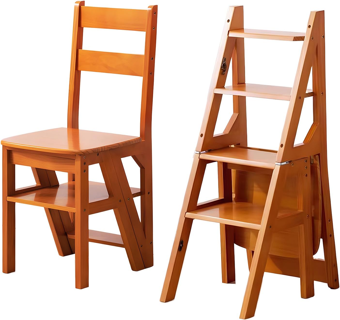 OCKYOOZ 4 Tier Folding Ladder Chair, 3-in-1 Solid Wood Step Ladder, Foldable Ladder Stool Shelf, Protable 4-Step Library Ladder, Multi-Functional Display Stand for Home Office (Size:14"L*18"D*35.4"H)