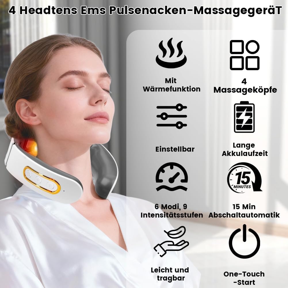 11-in-1 EMS Nackenmassagegerät mit Wärme, Kabelloses Massagegerät für Nacken und Schulter, 6 Modi, 9 Intensitätsstufen, Tragbar für Zuhause, Büro und Reise (B)