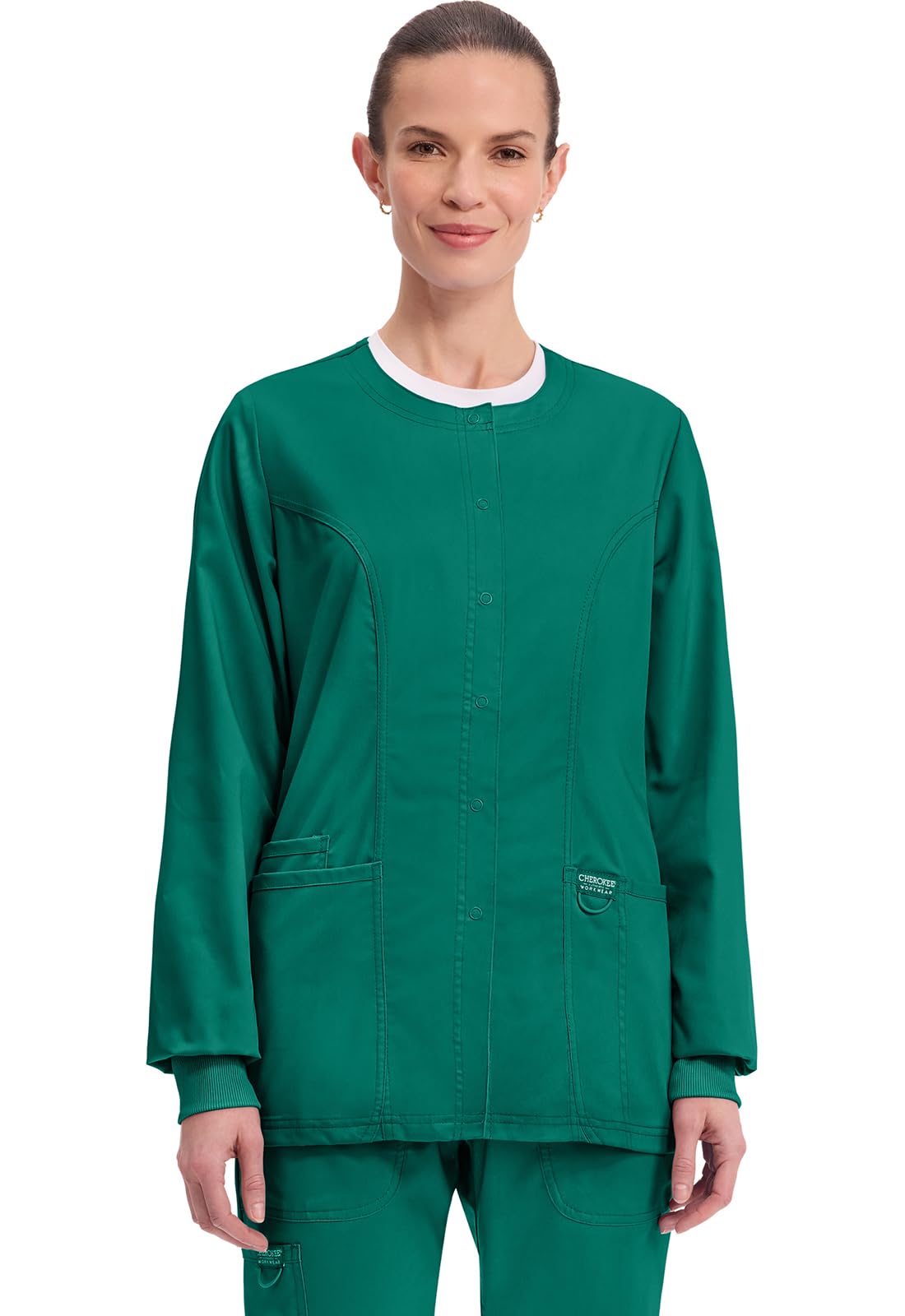 Cherokee Womens Scrub Jacket Nurse Snap Front Medical Uniform with Pockets 2-Way Stretch Easy Care Soft Fabric -