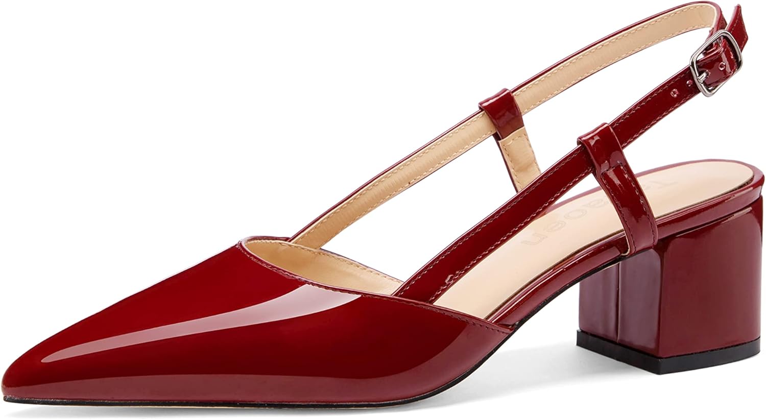 Tanaoen Women's Pointed Toe Ankle Strap 1.5 Inch Patent Leather Low Heel Slingback Chunky Pumps Business Work Dress Shoes Wine Red 9.5
