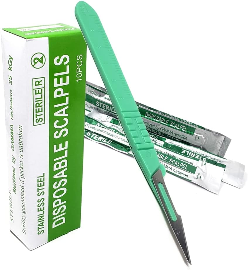 Box of 10 Disposable Sterile Scalpel Blades #11 Made of Stainless Steel with Sturdy Graduated Plastic Handle for Lab Students, Cutting, Carving, Repairing, Dermaplaning + More