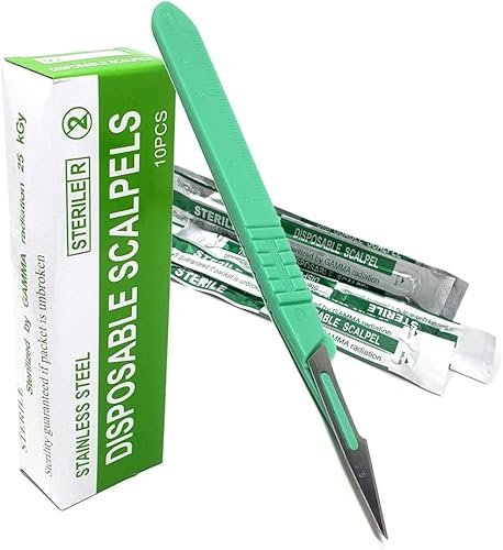 Caja de 10 cuchillas de bisturí desechables estériles #11 hechas de acero inoxidable con mango de plástico graduado resistente para estudiantes de