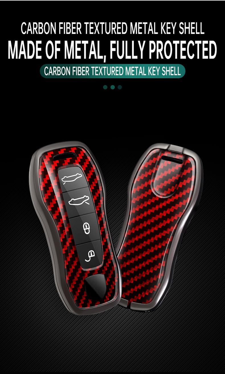 HIBEYO 3/4 Button Key Fob Cover for Porsche 911 Cayenne Macan Panamera Taycan Accessories with Keychian for Porsche PVC Carbon Fiber Texture Key Case Cover-Red