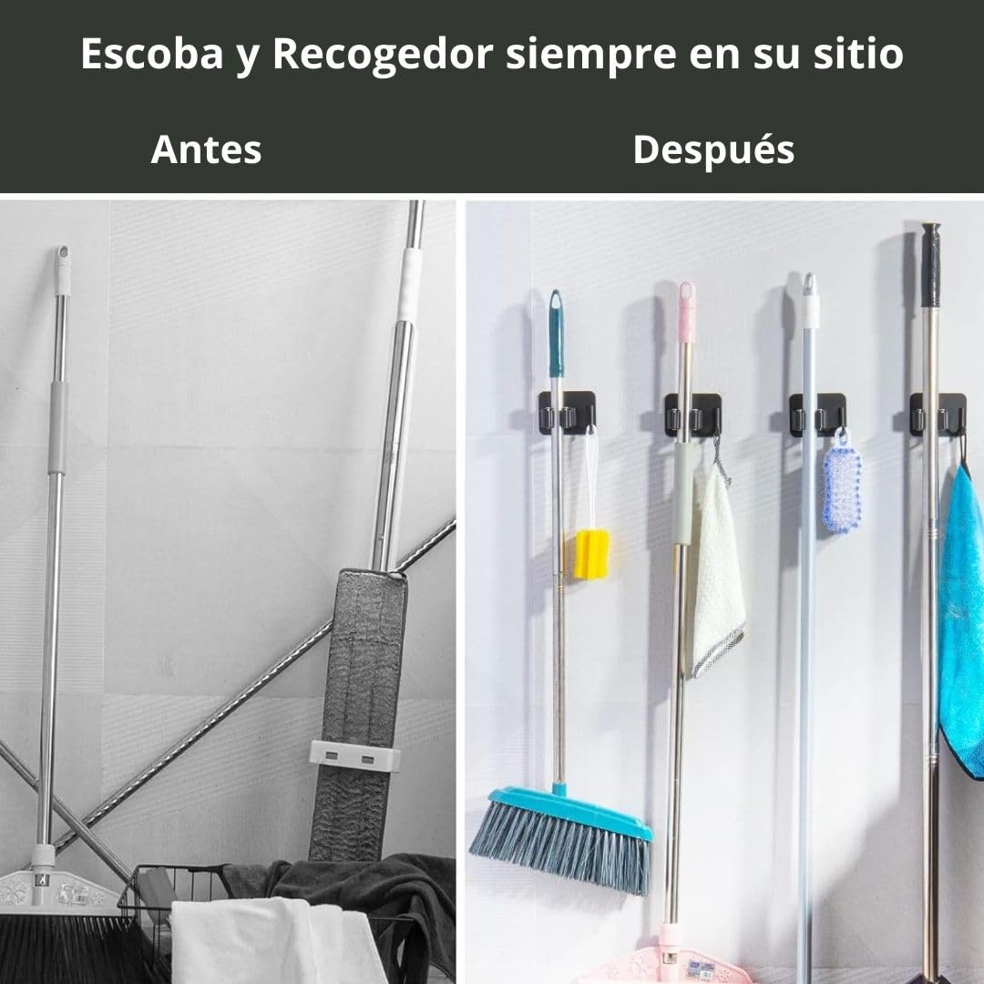 Set 4 Colgadores Escoba y Fregonas Adhesivo, Organizador y Soporte escobas Pared adhesivo, Cuelga y Sujeta Escobas, Escobero pared - Porta Fregona para Colgar Escoba y Fregonas (Negro)