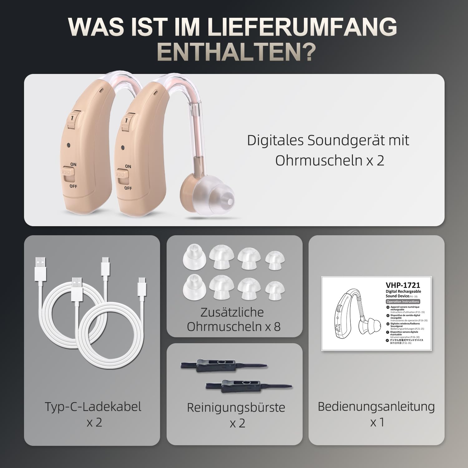 Wiederaufladbares Soundgerät für Erwachsene, digitale Geräuschunterdrückung und einstellbare Lautstärke, komfortables, leichtes Hinter-dem-Ohr-Design mit Typ-C-Aufladung