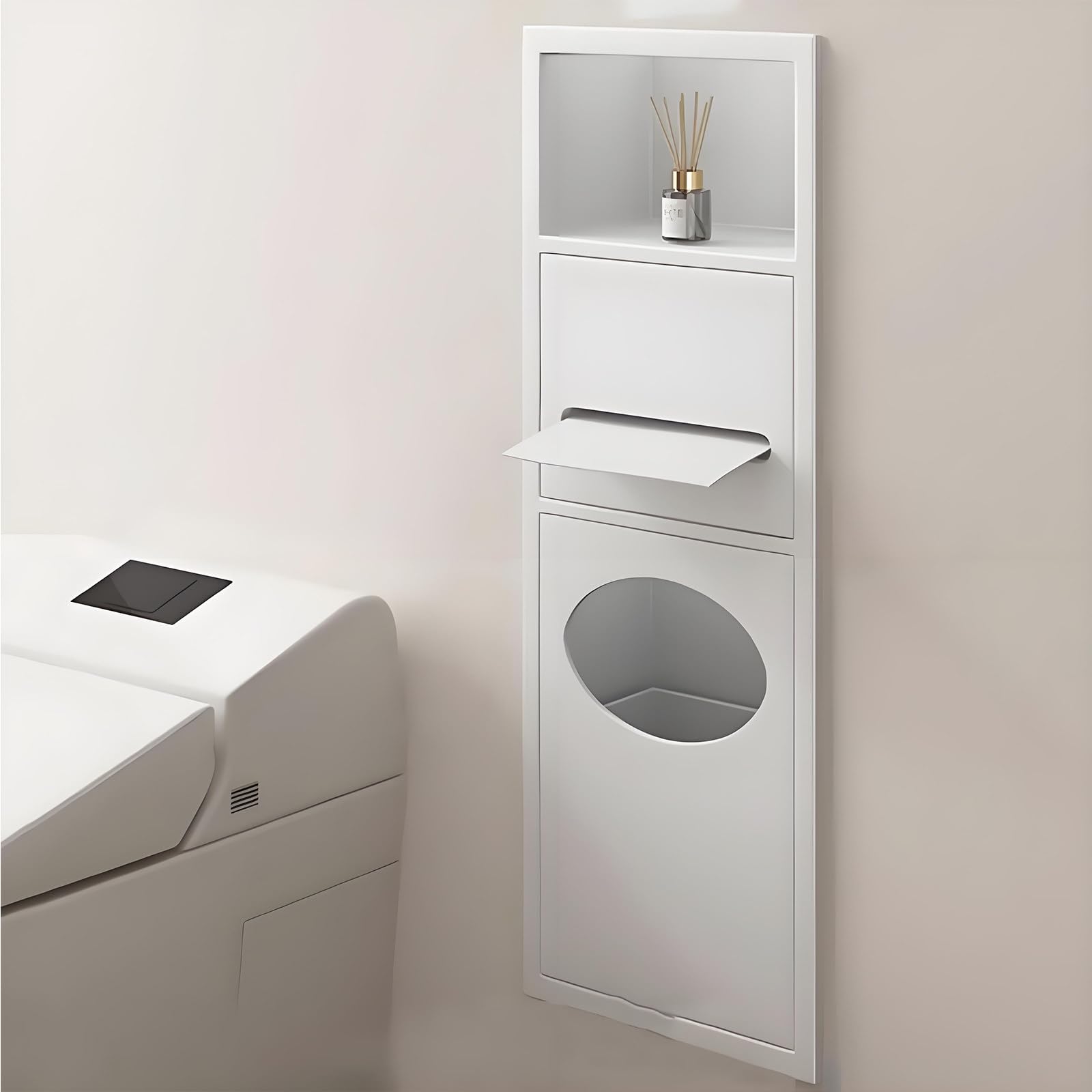 Recessed Toilet Paper Holder with Built-In Trash Can, Space-Saving Rack, Waterproof Organizer for Bathroom