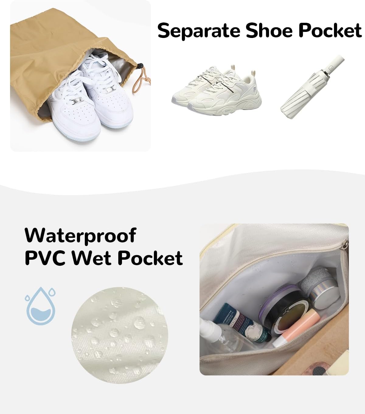 Small Gym Bag with Shoe & Wet Pocket for Women, 25L Waterproof Overnight Weekender Bags, Personal Item Travel Duffle Bag for Airplane, Cute Sports Duffel Bags for Gym Swim Dance, Khaki