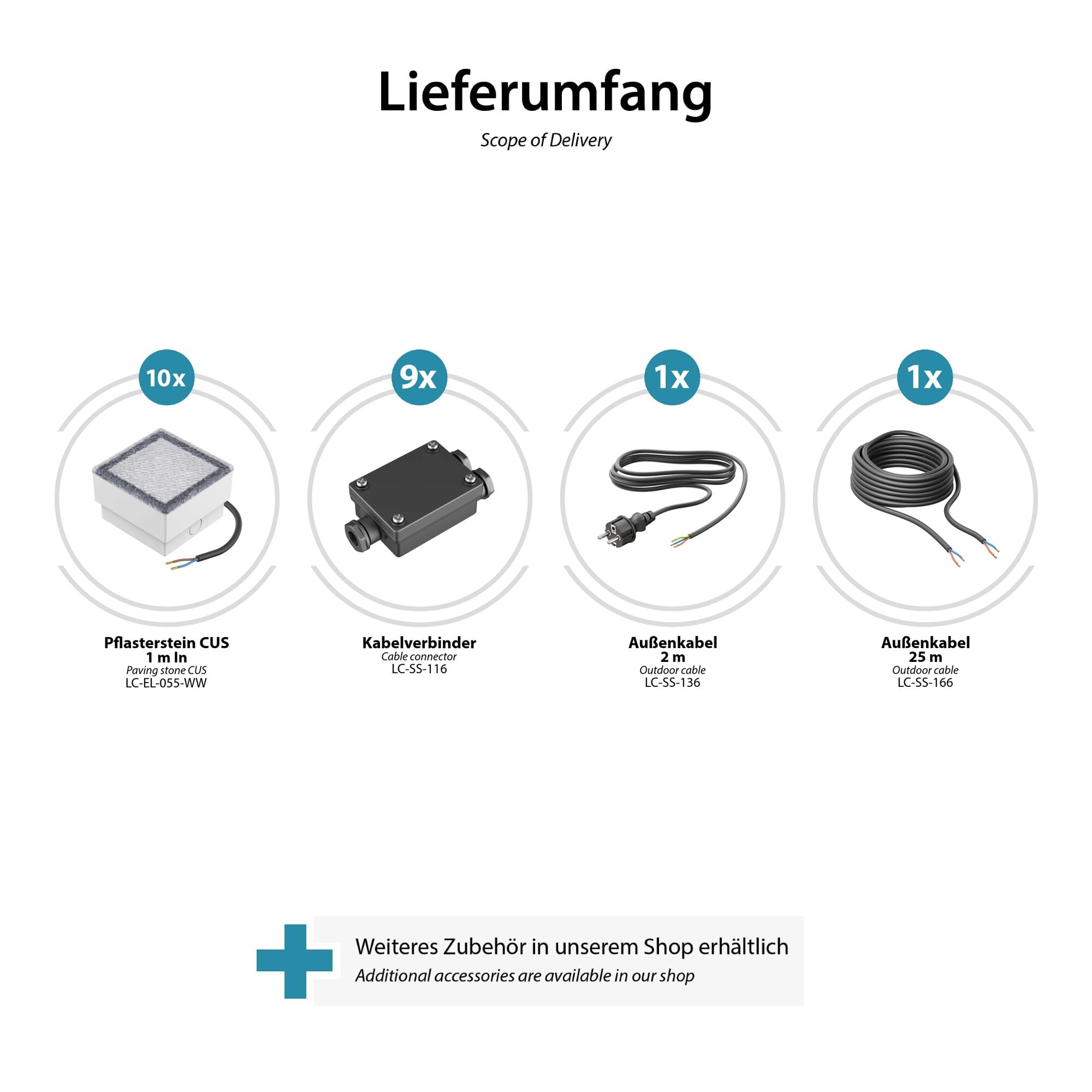 ledscom.de Set de 10 pavés LED CUS Lampe de sol pour l'extérieur, blanc chaud, IP67, 230V, 10x10cm
