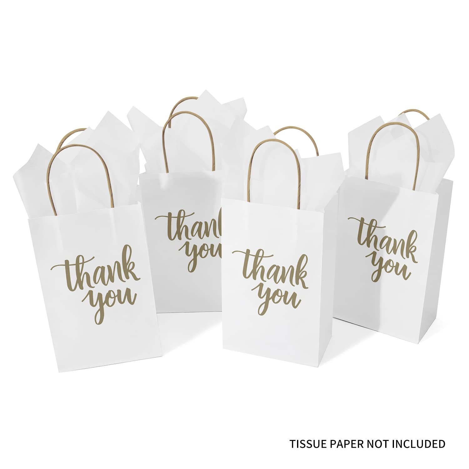 DjinnGlory 100 Pack Small Sized White Thank You Paper Kraft Gift Bags with Handles 9x5.5x3.15 Inch for Business Graduation Birthday Wedding Bridal Baby Shower Party Favors Goodies