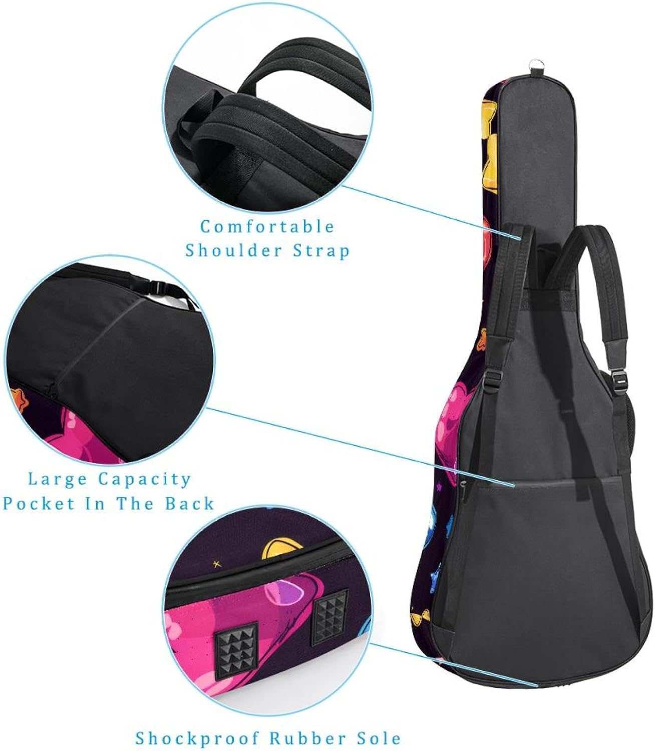 40 41 42 Inch Acoustic Guitar Bag, 0.4 In Thick Sponge Padded Guitar Case Gig Bag with Back Hanger Loop and 2 Pockets, Hearts and Stars Background
