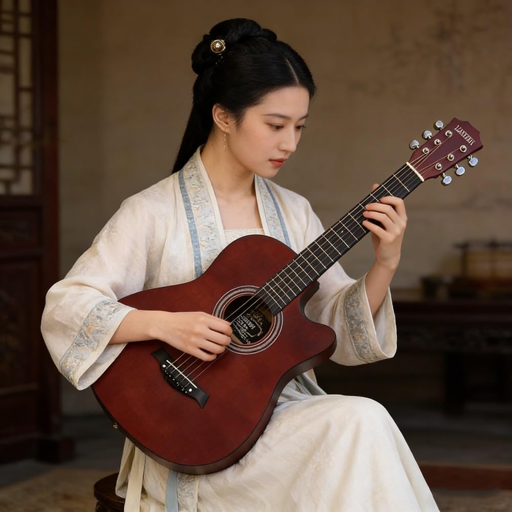 Chitarra Acustica In Legno Da 38 Pollici, Chitarra Acustica Per Adulti Con Spalla Mancante, Set Per Principianti Con Custodia Imbottita, Tracolla, Capotasto, Corde E Plettri.(Colore del caffè)