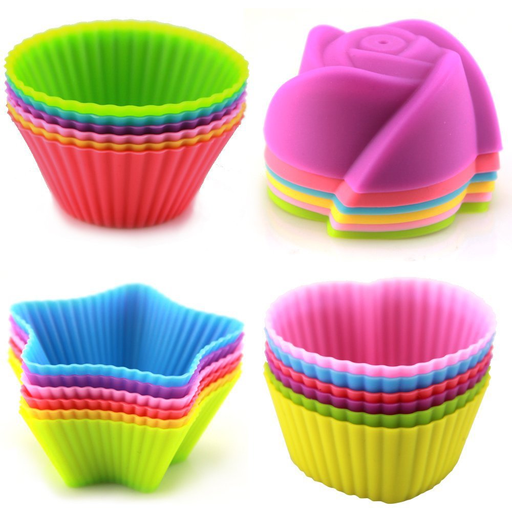 LENK Silicone Cupcake Liners,24 Pieces Nonstick Nonstick Reusable Muffin Cups for Kids Baking, 4 Shapes Round Star Heart Rose,Multi Colors
