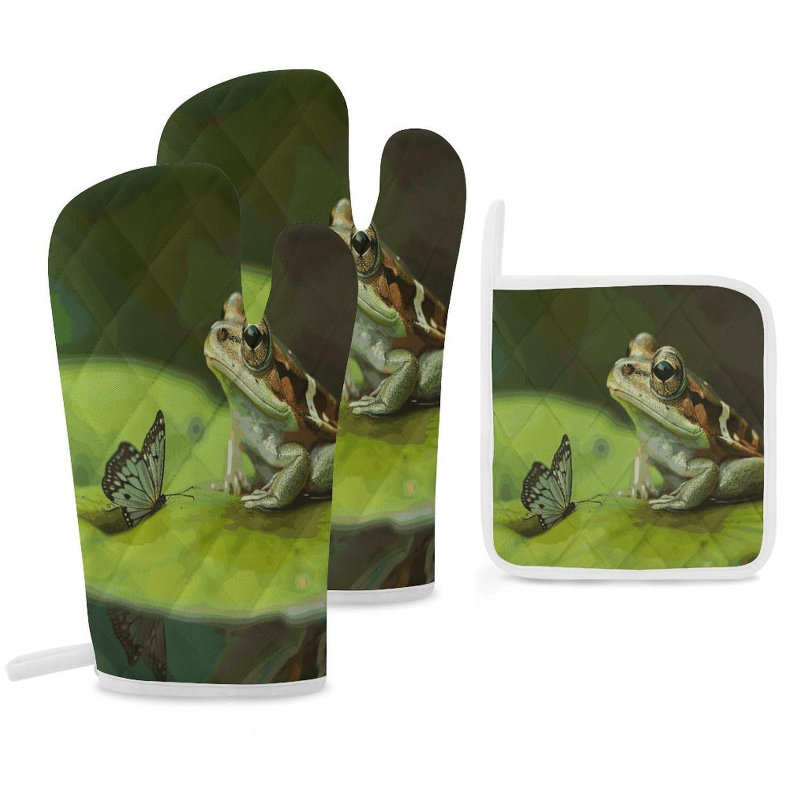 Fekiloot Style Frog And Butterfly Oven Mitts Funny Heat Resistant,Oven Glove With Hanging Loop,Resistant Hot Pads For Kitchen Baking Grilling Cooking