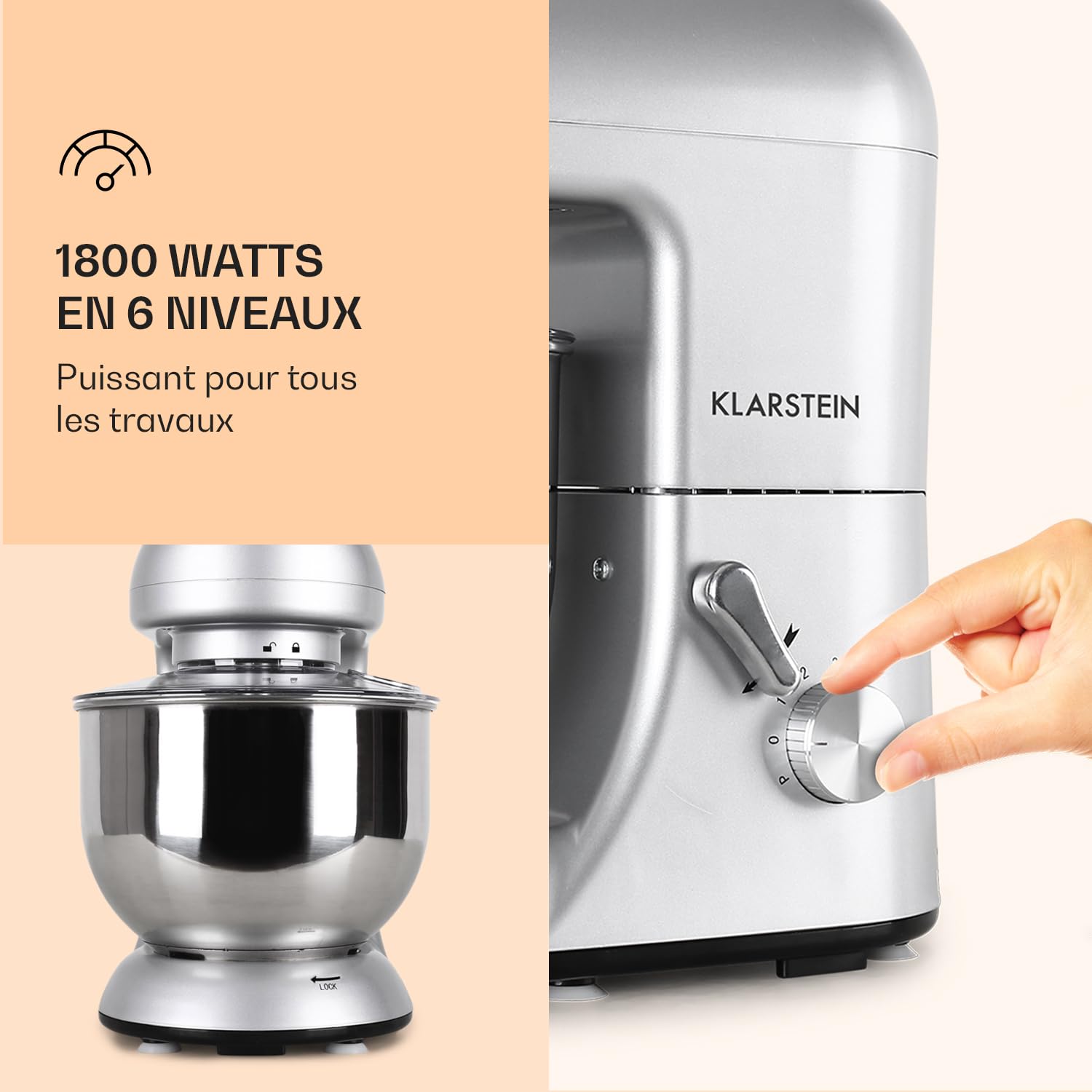 Robot Pâtissier Klarstein Bella Elegance 1800W - Bol 5L, Rotation Planétaire, 6 Vitesses - Parfait Pour Pétrir, Fouetter Et Mélanger
