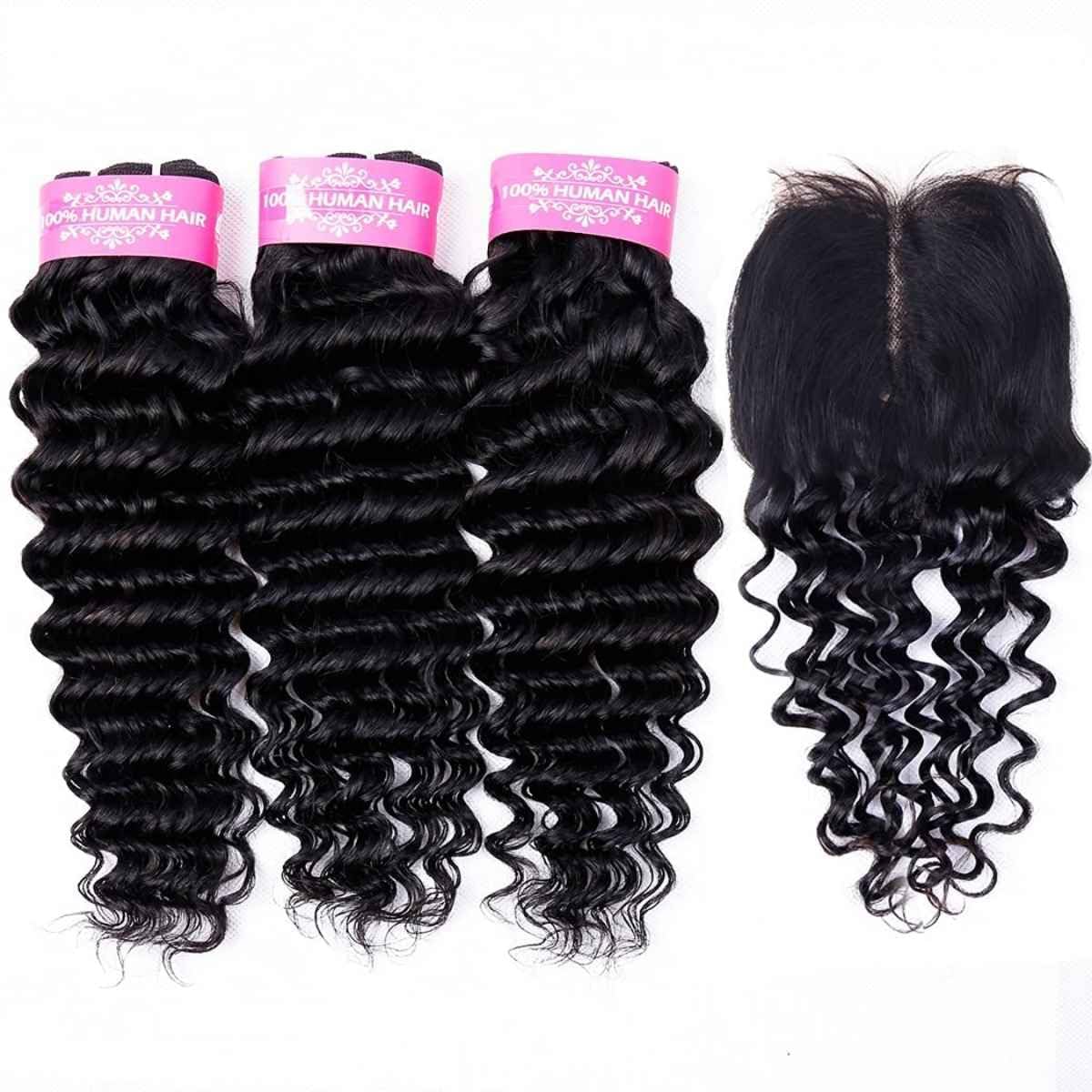 Sexycat Deep Curly Bundles with 4x4 Lace Closure Human Hair 16 18 20+14 Inch 100% Unprocessed Brazilian Virgin Hair Extensions Water Wave Weave Bundles with Middle Part Closure - Image 2