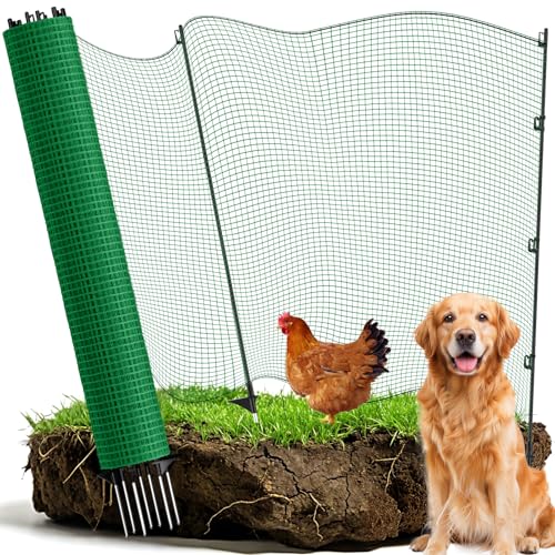 Begrenzungszaun mobiler Zaun 15 m lang & 122 cm hoch 9 Fiberglaspfähle ideal für Camping Hühnerzaun Hundezaun Weidezaun Gartenzaun Geflügelnetz Steckzaun (Dunkelgrün)
