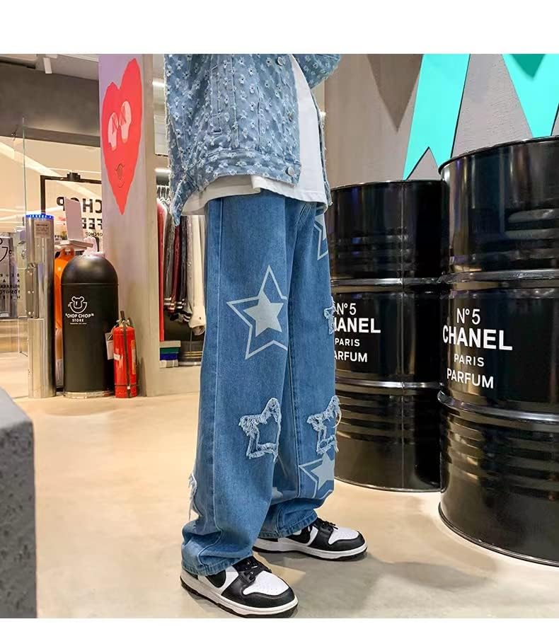 Vintage Men's Korean Denim Pants Y3K Cltohes Streetwear Printed Patchwork Male Baggy Jeans Straight Trousers Blue3
