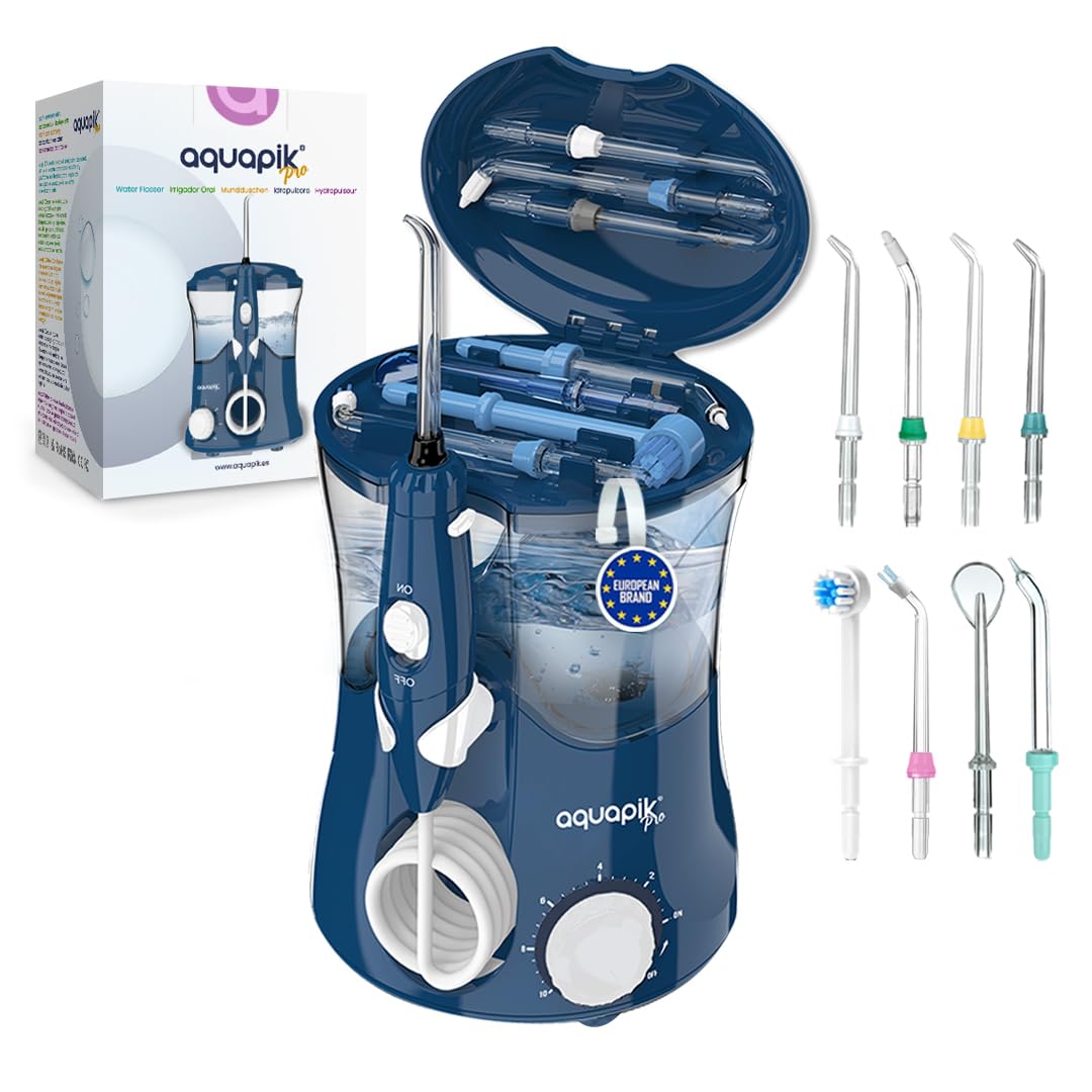 Aquapik® PRO Idropulsore Dentale Professionale | Rimuove la Placca + Raccomandato dai Dentisti + Cura Impianti e Apparecchi Ortodontici | 8 Ugelli + 10 Livelli di Pressione + Serbatoio 600 ml