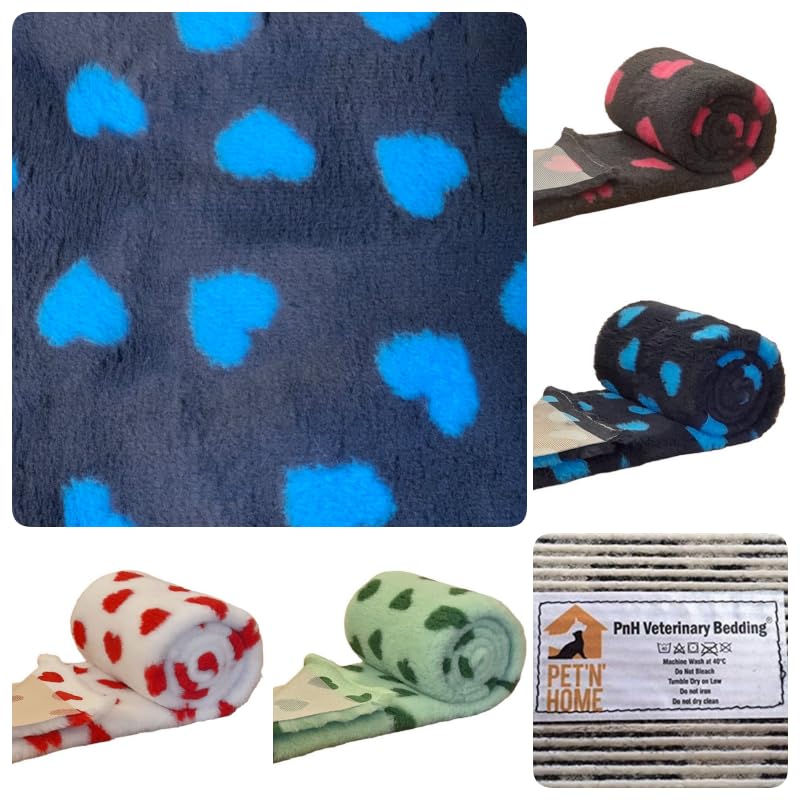 PnH Veterinary Bedding® NON SLIP Vet Bedding Whelping Fleece - Puppy/Dog/Pet Bed - HEARTS DESIGNS (Blue with Teal Hearts, 100cm x 50cm)