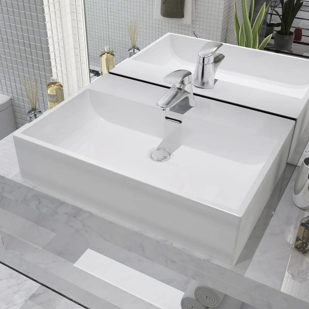 vidaXL Lavabo con orificio para grifo, cerámica, color blanco