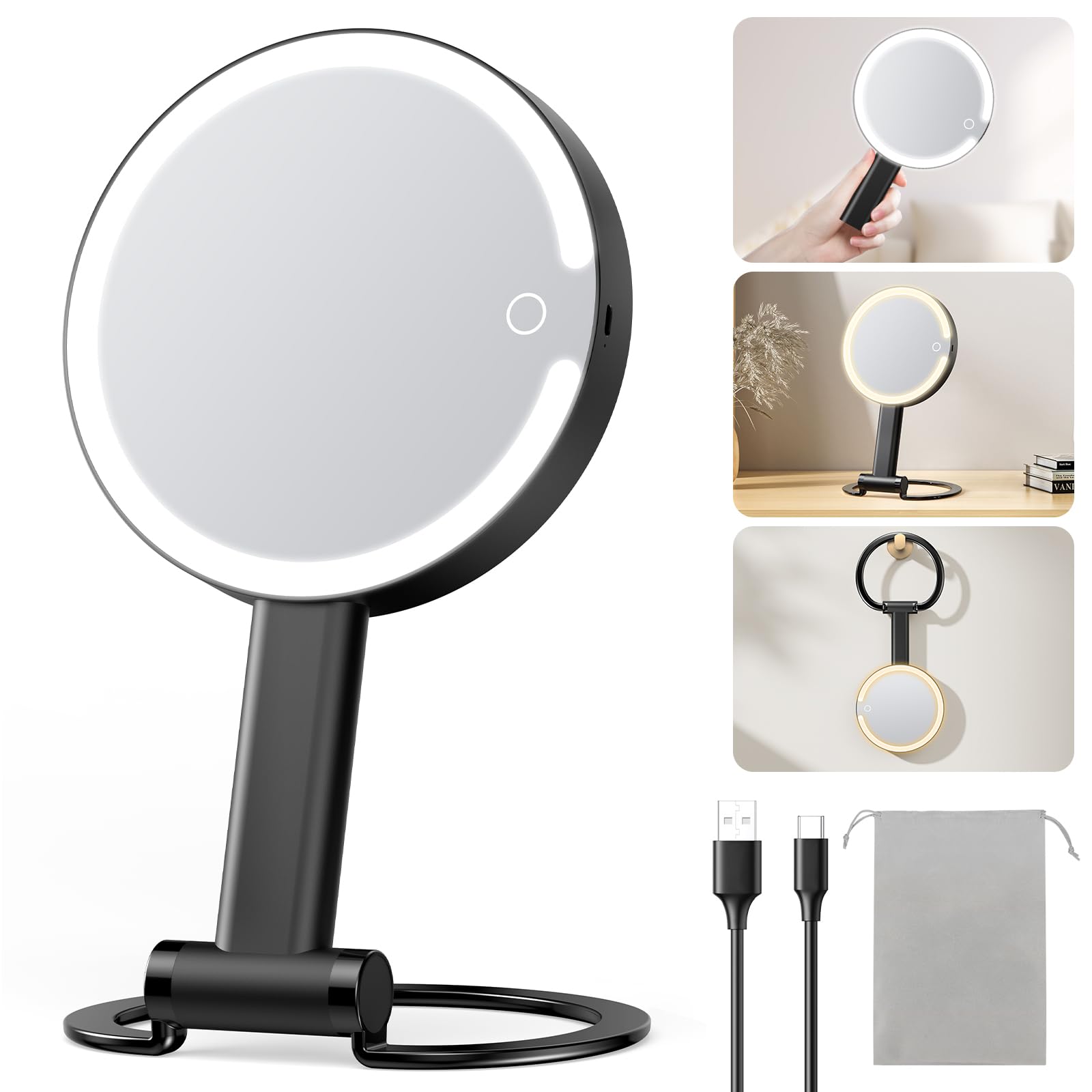 Gospire Magnifying Travel Mirror with Light 10X 1X Magnifition 2-Sided Lighted Makeup Mirror Rechargeable 3 in 1 Hand Held Desk Hanging, 3 Color Dimmable Lights, BlackGlobal Recycled StandardGlobal Recycled StandardGlobal Recycled Standard