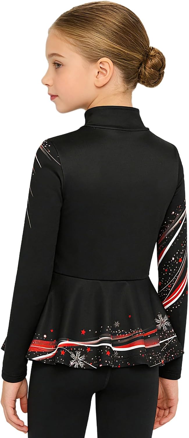 Kids Girls Stylish Print Peplum Jacket Ice Skating Training Coat Fleece Gymnastics Dance Tops