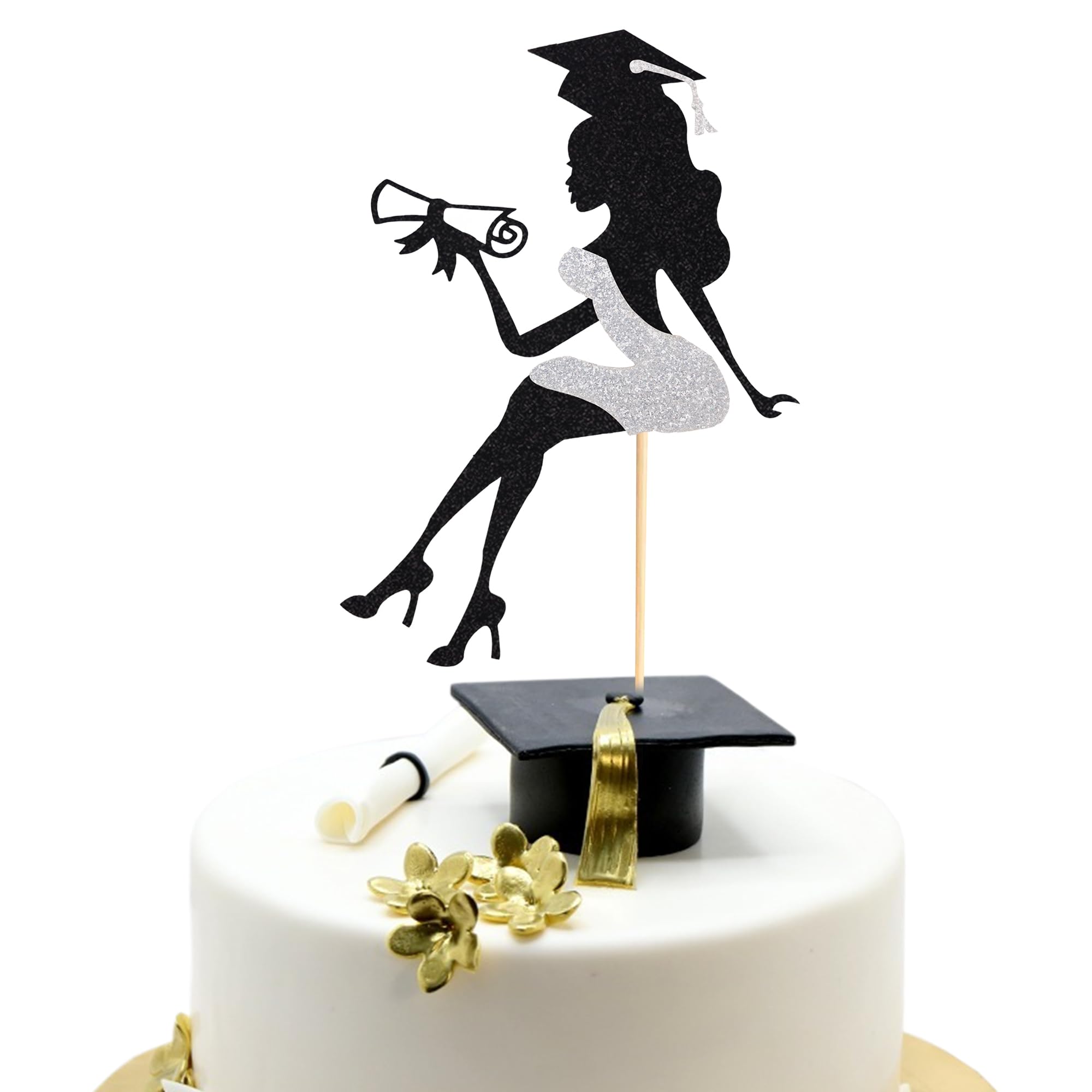Arthsdite 1Pc High Heel Girl Graduation Cake Topper with Grad Cap Diploma 2025 Graduation Cake Pick - Silver Glitter