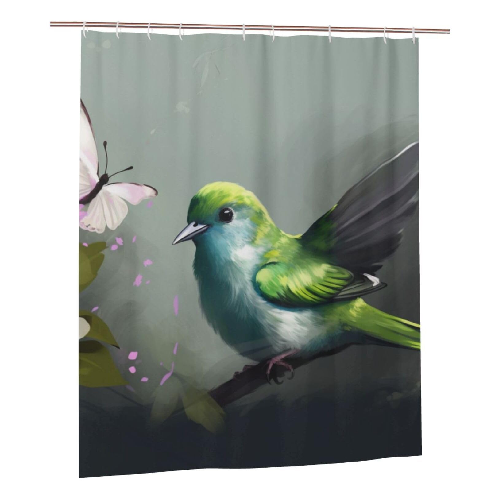 BWWHCCTI Green bird Printed Shower Curtain With 12 Plastic Hooks Opaque Quick Drying Waterproof Shower Curtains Sets For Bathroom 152x183 Cm