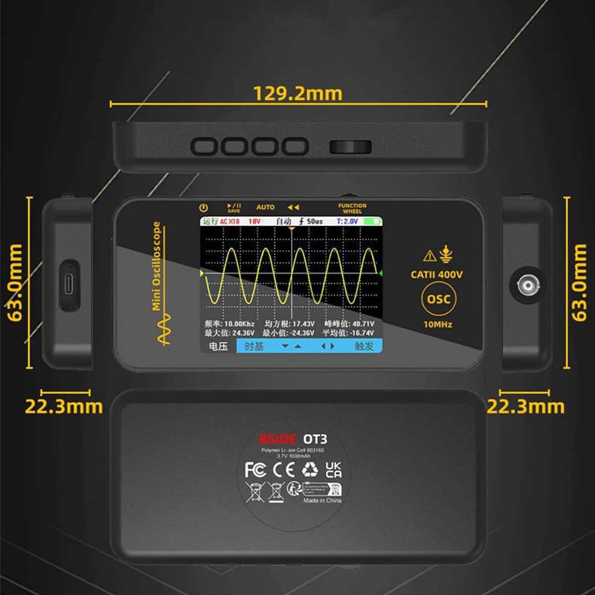 Oscilloscopio Digitale Portatile OT3, frequenza di campionamento 48MSa/S, Display a Colori da 3,2", per Elettronica Audio per autoveicoli