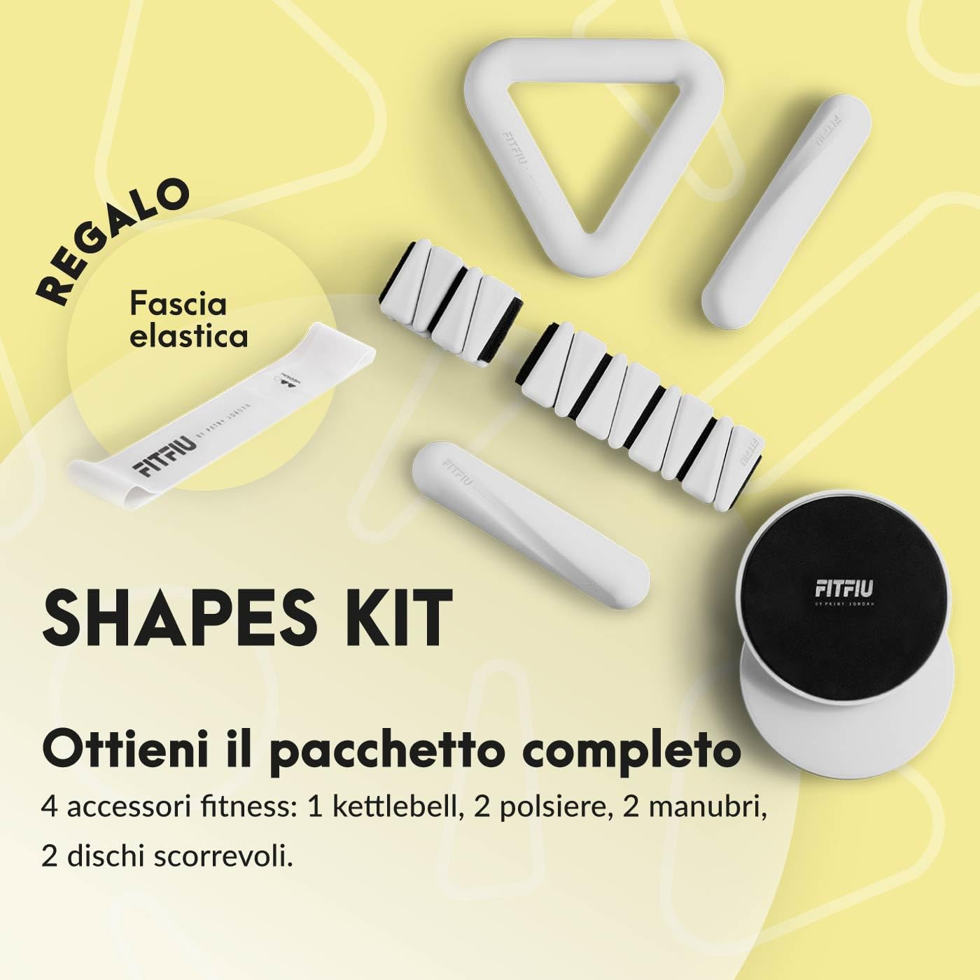 FITFIU Fitness SHAPES KIT - Confezione da 4 accessori sportivi: 1 kettlebell 2 cinghie da polso 2 manubri 2 dischi scorrevoli 1 elastico in acciaio in silicone bianco SHAPES COLLECTION di Patry Jordan