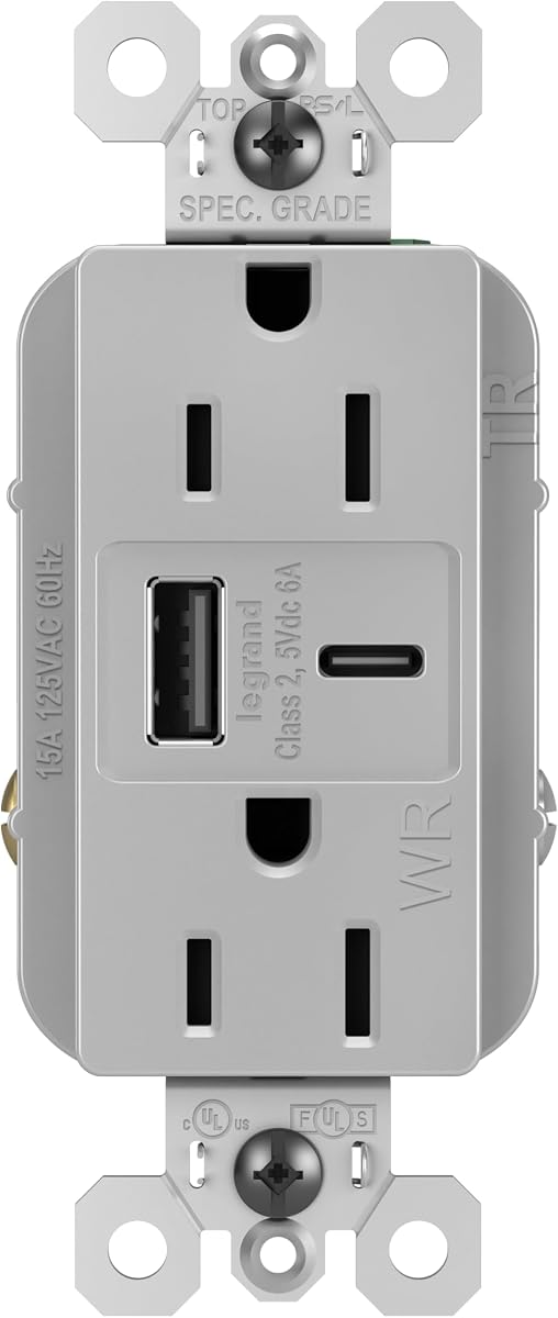 Legrand 15 Amperios Especificaciones Salida resistente a la intemperie 6A USB Tipo A/C Gris 1 Paquete | Pase y Seymour Salida USB, Salida al aire libre, Decorador Dúplex, Persianas a prueba de manipulaciones a prueba de niños, Grado de especificación