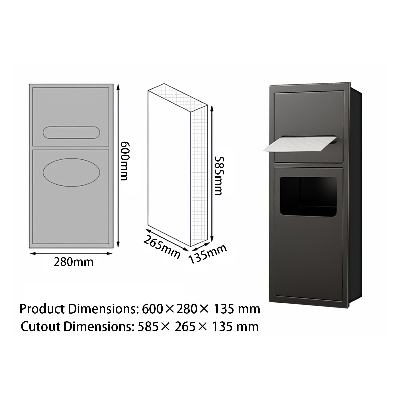 Porte-papier toilette et douche ultra fin en acier inoxydable avec poubelle intégrée – Armoire de salle de bain moderne peu encombrante pour une organisation efficace et un design élégant