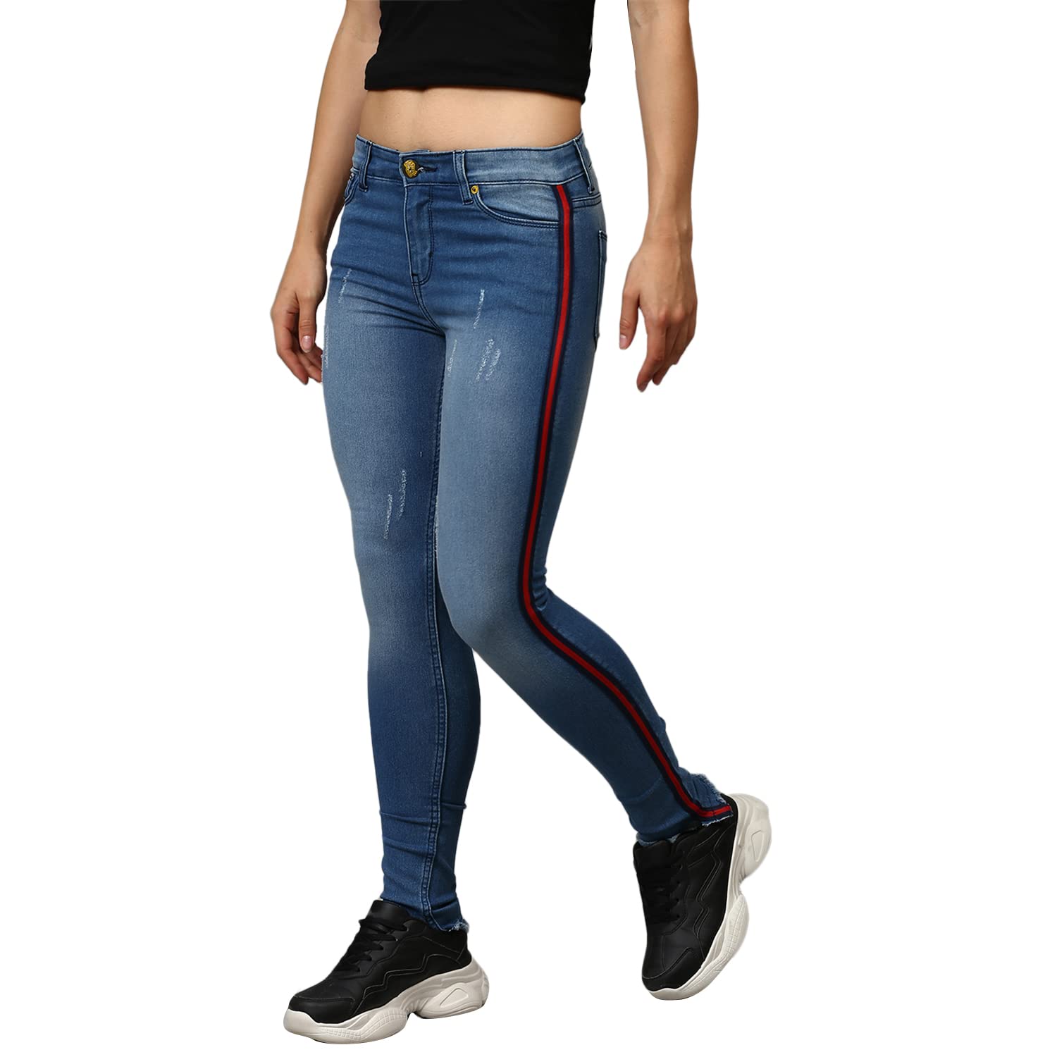 Campus Sutra Women's Navy Blue Side-Striped Denim Jeans For Casual Wear | Dark-Washed | Button Closure | Slim Fit | Stretchable Cotton Mid-Rise Denim Jeans Crafted With Comfort Fit and High Performance For Everyday Wear in navy