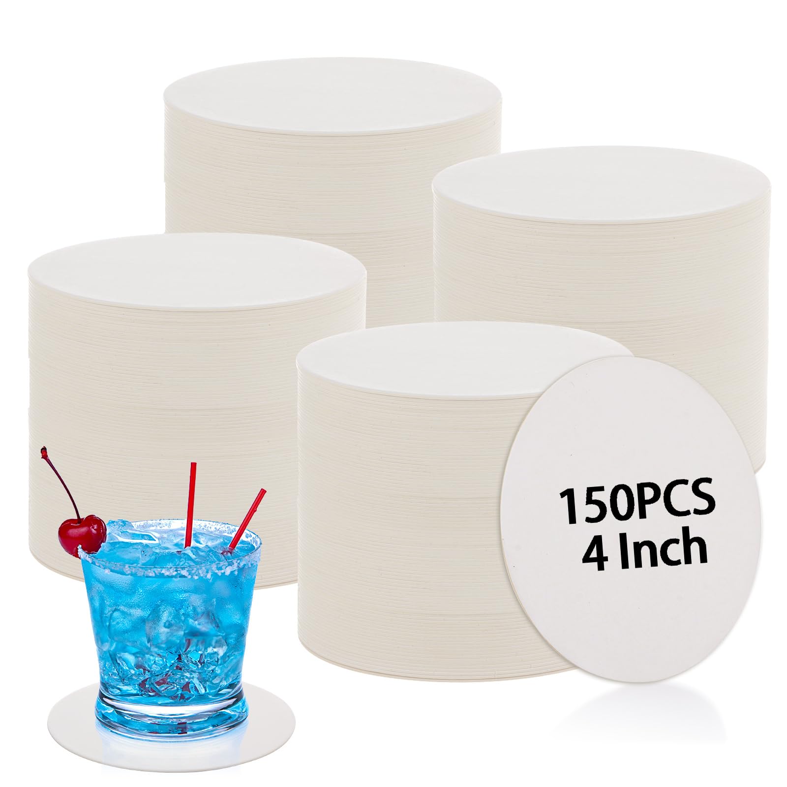 LOPYXBR 150PCS White Cardboard Drink Coasters, 10cm/4inch Cup Coasters Set, White Paper Coasters for Cup, Thick 1mm Beer Mats and Drink Coasters, Cardboard Beer Mats for Drinks DIY Arts Bar Wedding