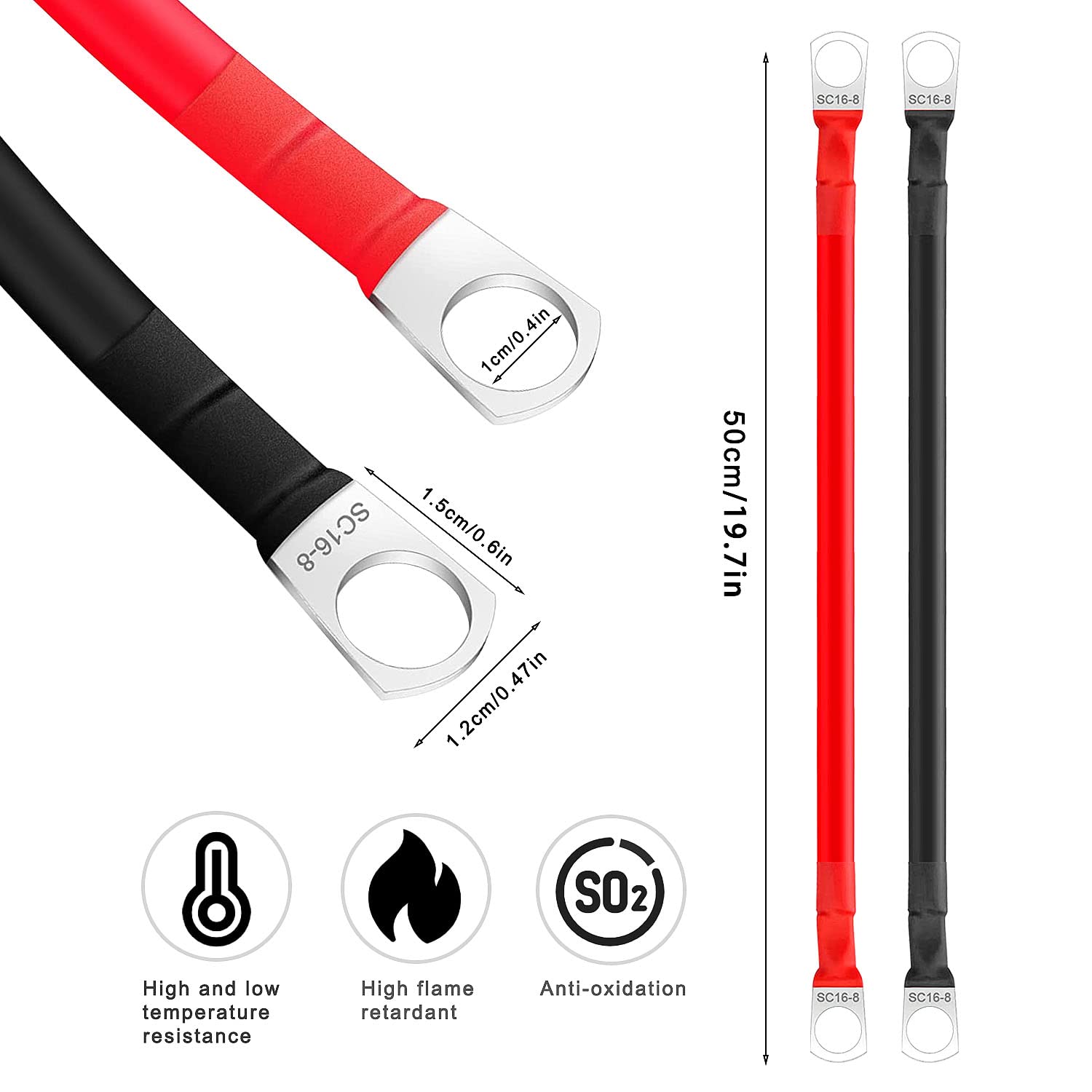Câble Batterie Voiture M8 - 2 Pièces 50cm 16mm² - Pour Onduleur, Mise à La Terre, Moto, Solaire