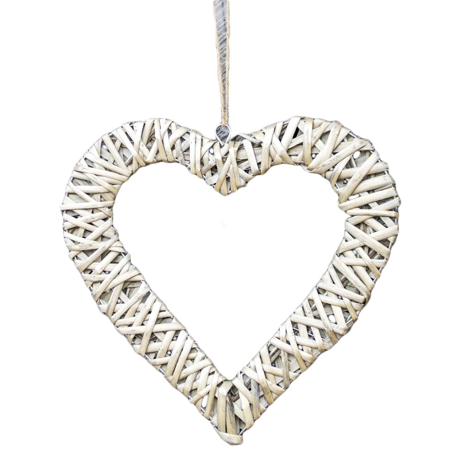 Darthome Antique Grey Wicker Open Heart Wreath, Antique Wash Grey Willow, Rustic Wall Door Decor With Jute Rope Hanger, 30X30x6cm