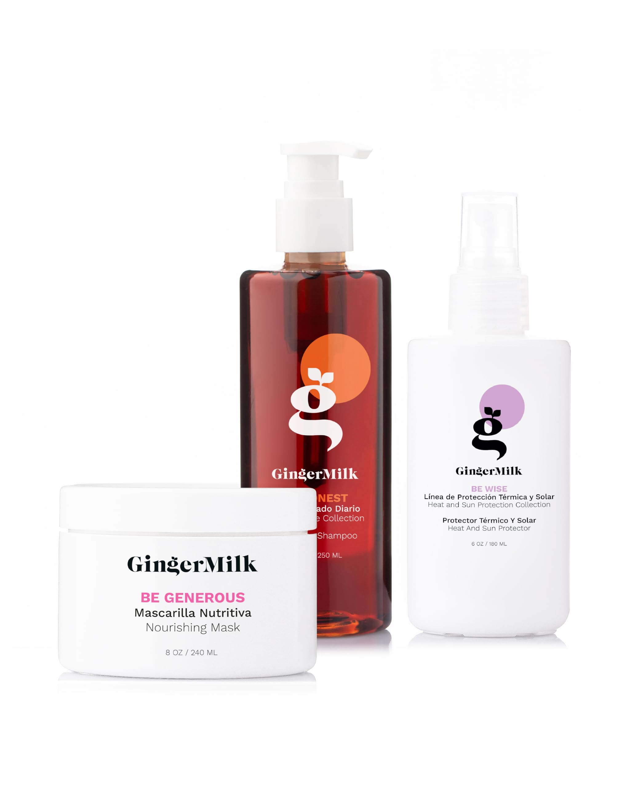 Ginger Milk Rutina de Nutrición Capilar, Kit Hidratante con Jengibre para Cabello Seco, Apagado o con Frizz. Shampoo control grasa 250ml, Mascarilla hidratante 240gr y Protector Térmico y solar 180ml