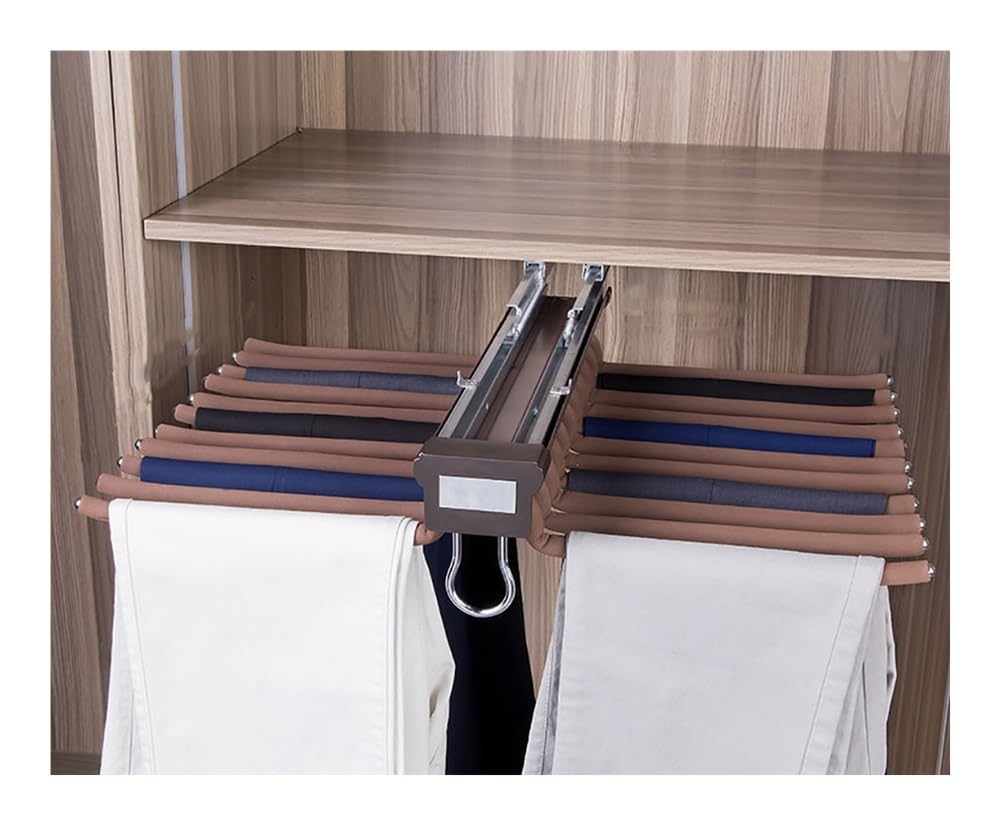 Pull Out Trousers Rack Double-Row 22 Arms Steel Pants Rack Pull Out Pants Rack Pants Hanger Bar Clothes Organizers(Brown)