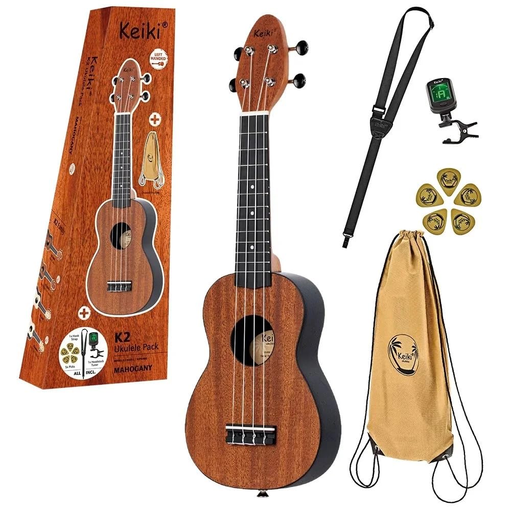Ortega Guitars Ukulélé Soprano acoustique - modèle gaucher - Keiki K2 - Kit de démarrage incluant Accordeur, Courroie, 5 Médiators Medium et Sac à cordon - acajou (K2-MAH-L)