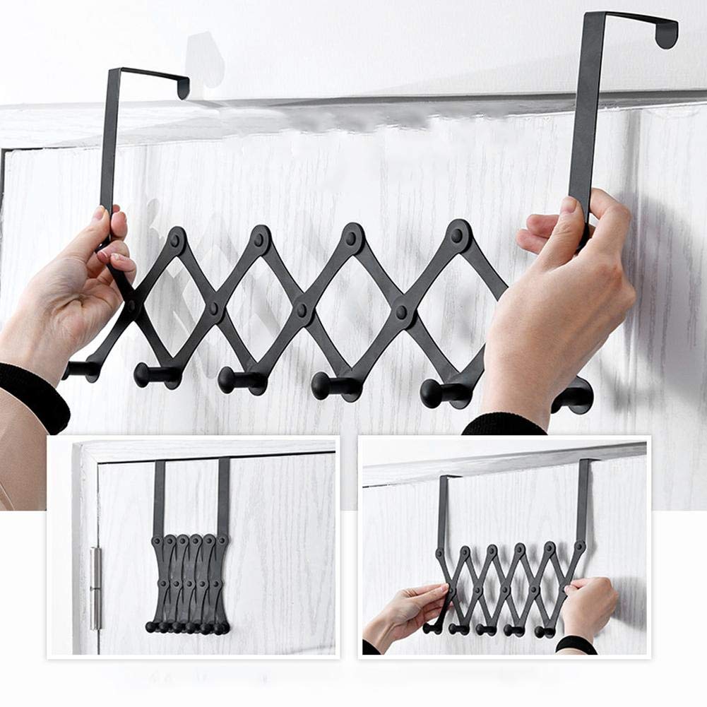 Atyhao Stainless Steel Over The Door Hooks Telescopic Folding Hat Backpack Hanger Door Hanging Rack for Living Room Bedroom (6 Hooks Black) - Image 2