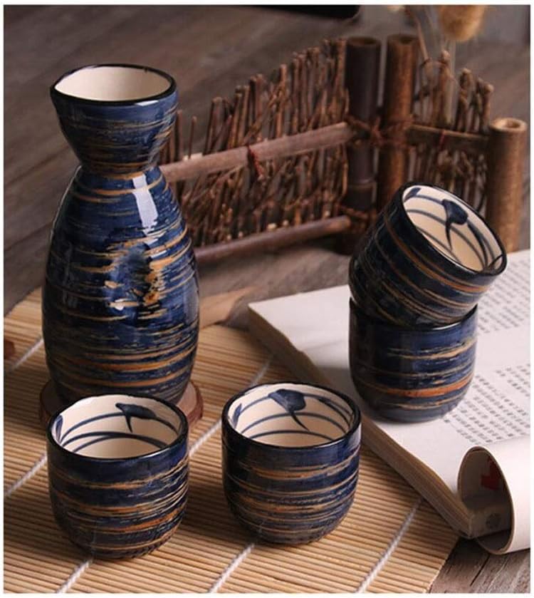 Sake Set Japanese Sake Cup Set Brushed Blue Traditional Hand-Painted Design Porcelain Pottery Ceramic Cup Crafts 5 Pieces Wine Set