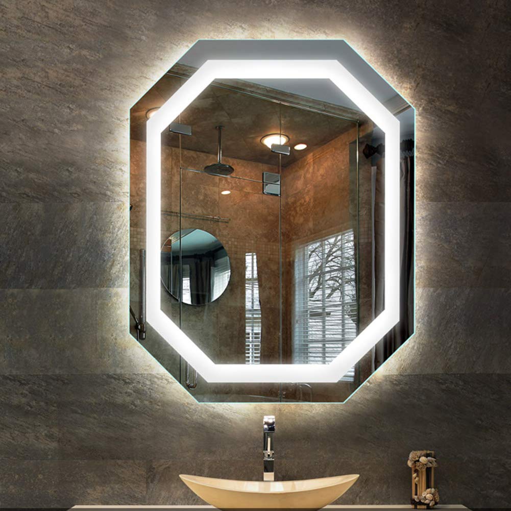 GuyAna Specchio da Bagno Illuminato a LED, Specchio da Barba per Trucco retroilluminato a Parete, Sospensione Orizzontale/Verticale - Specchio Antideflagrante, Luce Bianca/Luce Calda