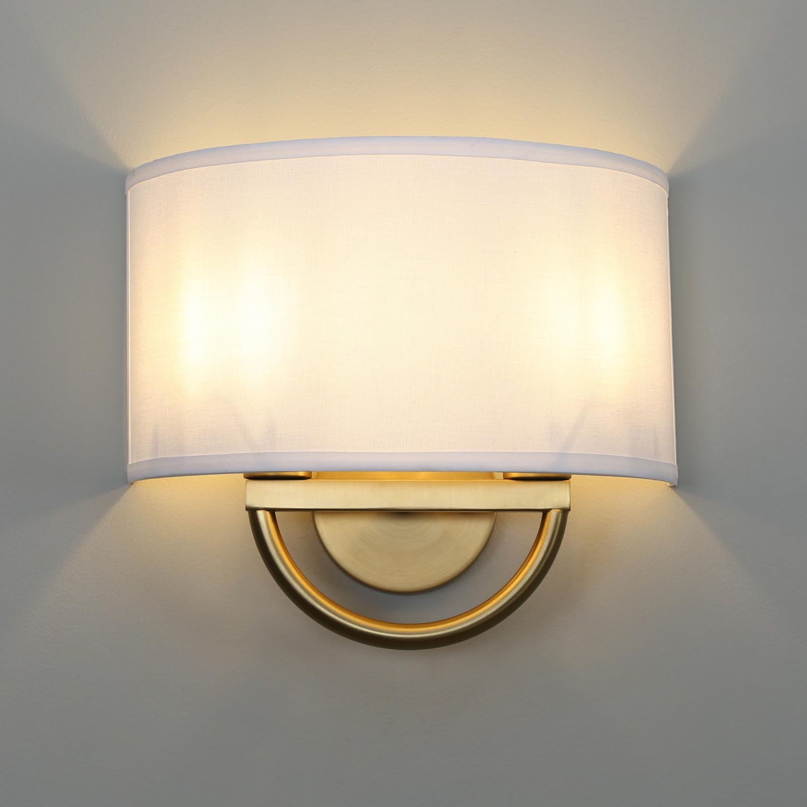 White Fabric Cloth Boho Aged Brass Gold Wall Sconce Stairwell Fixture Light, 2-Light Dual Indoor Hardwired Vanity Vintage Wall Mount Lamp Antique Metal Base Semicircle Shade Lamp for Hallway