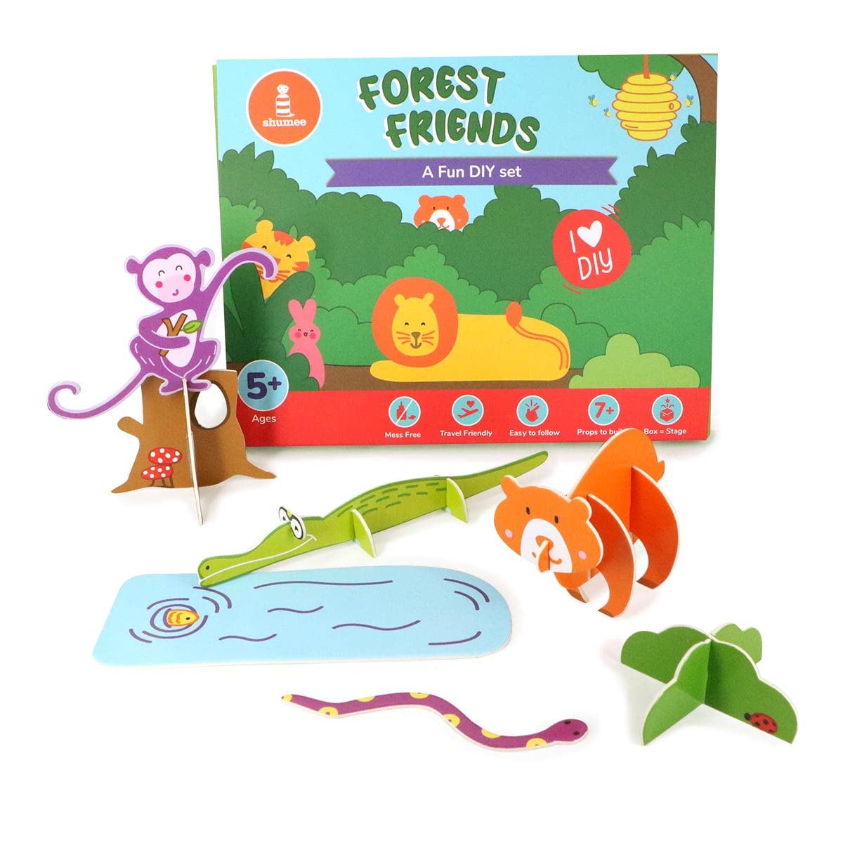 shumeeForest Themed 3D paper Art and Craft DIY Kit for Kids 5 Years above to create a lion, a tiger, a bear, a tortoise, a monkey, a snake, a bird, a rabbit, and an alligator