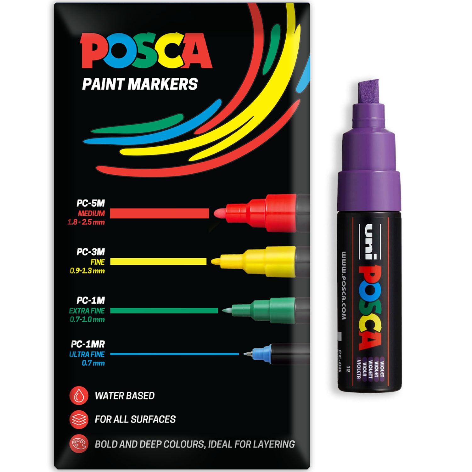 Posca Water Based Acrylic Paint Marker Pens | Multi Surface Use Permanent Paint Pen | Pack of 1 in Envelope Gift Packaging | Glass, Fabric, Wood etc | Chisel Tip PC-8K, Violet