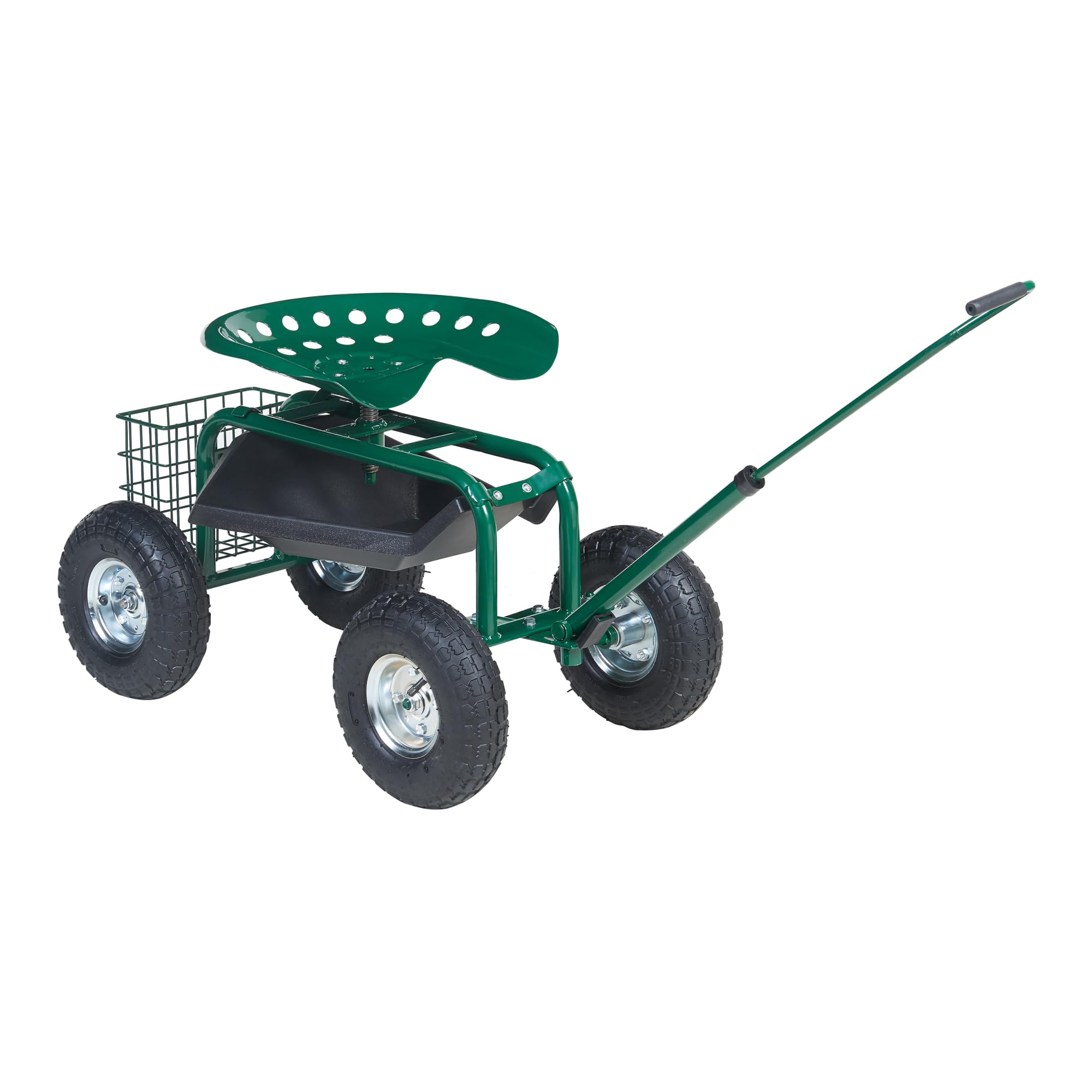 pro.tec Asiento de Jardinería Casarano con Ruedas Taburete Móvil Carrito para Trabajo en Jardín Taller con Bandeja y Cesta de Malla Altura del Asiento y Asa Ajustable Acero 81 x 45 cm - Verde Negro
