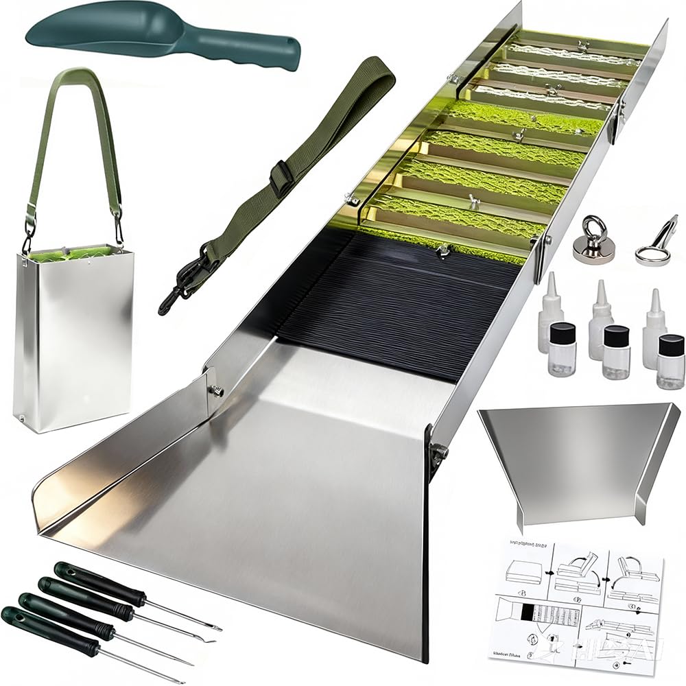 Juego Completo Lavar Oro,Planta Portátil Lavar Oro,Juego Completo Canaletas Lavar Oro Aleación Aluminio,19 Piezas,con Diseño de Cuerda de Mano Caja Esclusa Plegable 50 Pulgadas,para Minería de Río