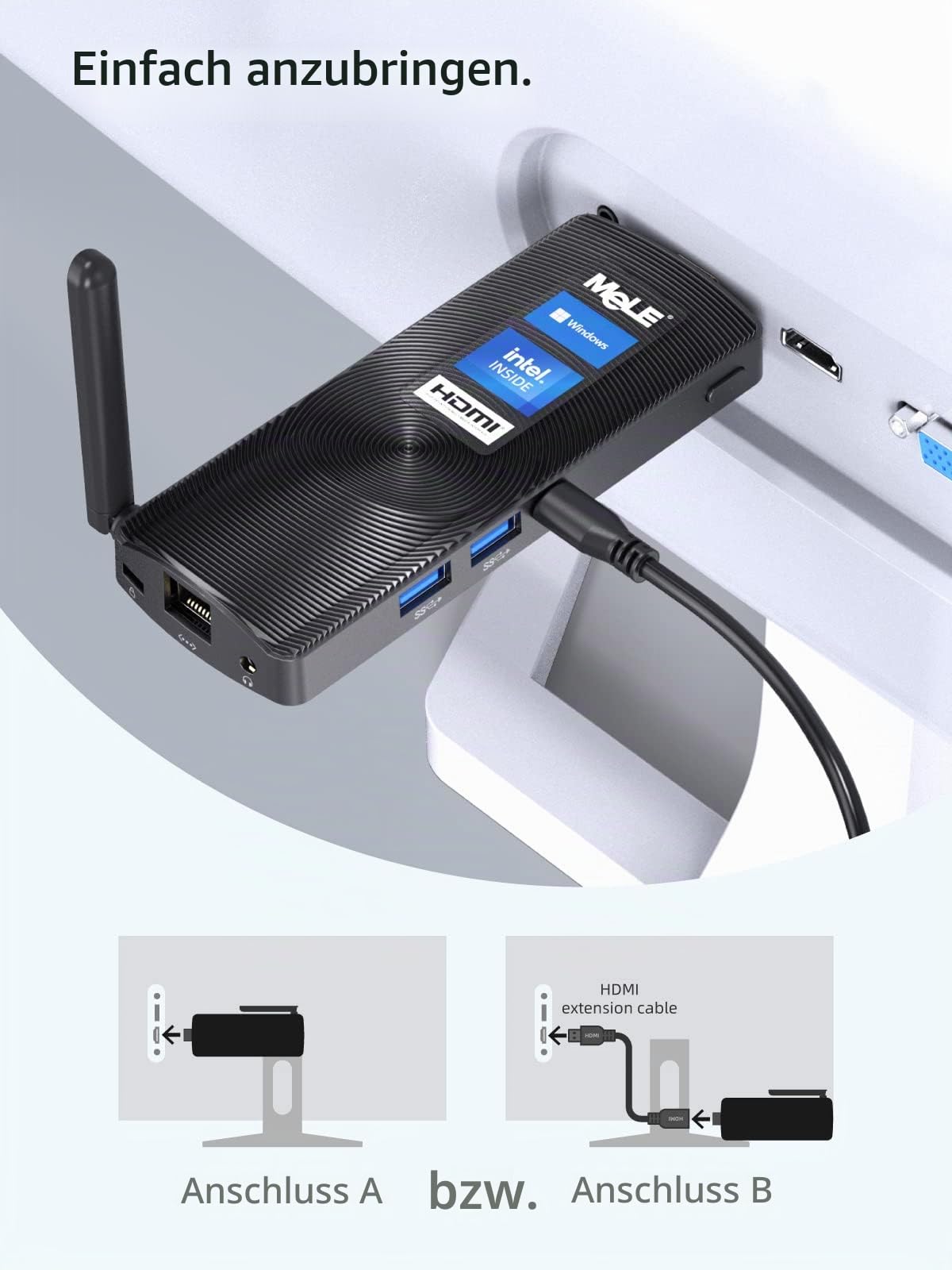 MeLE PCG02 Mini-PC-Stick Lüfterloser Celeron J4125, Kleiner Computer, Micro-PC, LPDDR4, Win11, HDMI 4K 60Hz, 2.4G/5G Wi-Fi 5, Gigabit Ethernet, BT 4.2, USB 3.0, Wake on LAN, PXE (8G/256G)