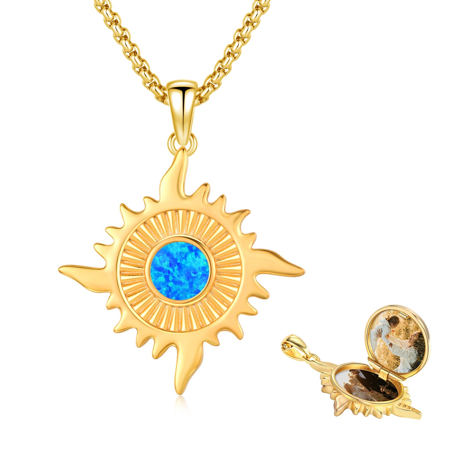 REDSUN Sonne Stern Medaillon Halskette 925 Sterling Silber Gold Foto Sonne Kette Anhänger Mondstein Opal Kette Gold Kette für Damen Mädchen Freundin Freundin Frauen Mutter